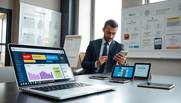 A modern office workspace showcasing various texting advocacy tools. In the foreground, a sleek desktop displays an open laptop with a vibrant dashboard showcasing SMS campaign analytics. Next to the laptop, there are colorful visual representations of short codes and toll-free numbers on tablets and mobile phones. The middle ground features a professional-looking businessperson in neat attire, analyzing data on their phone, with a focused expression, conveying the importance of effective communication. The background includes a whiteboard filled with flowcharts for 10DLC registration processes and trust score explanations. Soft natural lighting filters through large windows, creating a bright atmosphere, while a camera angle from slightly above captures the entire scene, evoking a sense of innovation and professionalism in texting strategies. A modern office workspace showcasing various texting advocacy tools. In the foreground, a sleek desktop displays an open laptop with a vibrant dashboard showcasing SMS campaign analytics. Next to the laptop, there are colorful visual representations of short codes and toll-free numbers on tablets and mobile phones. The middle ground features a professional-looking businessperson in neat attire, analyzing data on their phone, with a focused expression, conveying the importance of effective communication. The background includes a whiteboard filled with flowcharts for 10DLC registration processes and trust score explanations. Soft natural lighting filters through large windows, creating a bright atmosphere, while a camera angle from slightly above captures the entire scene, evoking a sense of innovation and professionalism in texting strategies.