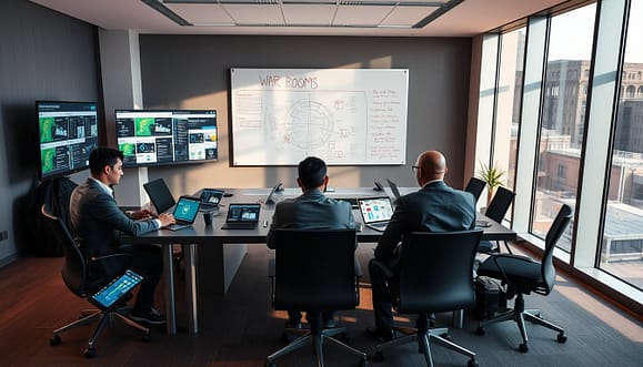 A modern war room setup in a sleek, tech-savvy environment. In the foreground, a large rectangular table covered with digital tablets, laptops, and a central monitor displaying dynamic data feeds. Add a diverse group of three professionals in smart casual attire, intensely discussing strategies while analyzing graphics and UTM links on the screens. The middle of the room features a whiteboard filled with colorful diagrams and notes, representing action planning. In the background, large windows allowing natural light to flood the room, casting geometric shadows on the floor. The atmosphere is focused and energetic, emphasizing teamwork and rapid response, with warm, ambient lighting creating an inviting yet serious mood. Capture the scene from a slightly elevated angle to include all elements effectively. A modern war room setup in a sleek, tech-savvy environment. In the foreground, a large rectangular table covered with digital tablets, laptops, and a central monitor displaying dynamic data feeds. Add a diverse group of three professionals in smart casual attire, intensely discussing strategies while analyzing graphics and UTM links on the screens. The middle of the room features a whiteboard filled with colorful diagrams and notes, representing action planning. In the background, large windows allowing natural light to flood the room, casting geometric shadows on the floor. The atmosphere is focused and energetic, emphasizing teamwork and rapid response, with warm, ambient lighting creating an inviting yet serious mood. Capture the scene from a slightly elevated angle to include all elements effectively.