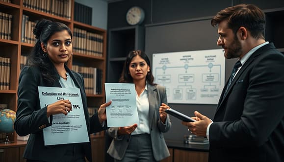 A somber office setting with a diverse group of four professionals engaged in a serious discussion about digital laws. In the foreground, a South Asian woman in a smart blazer holds a document titled "Defamation and Harassment Laws" while pointing at a digital screen displaying legal frameworks and statistics. Beside her, a Black man in a tailored suit takes notes, expressing a thoughtful demeanor. In the middle, a Caucasian woman in business casual attire gestures towards a flowchart on the wall illustrating jurisdictional challenges for digital activists. The background features bookshelves filled with legal texts and a globe, signifying global implications. Soft, focused lighting highlights their expressions, creating an atmosphere of urgency and professionalism. The angle captures the intensity of their discussion, emphasizing teamwork in navigating complex legal landscapes. A somber office setting with a diverse group of four professionals engaged in a serious discussion about digital laws. In the foreground, a South Asian woman in a smart blazer holds a document titled "Defamation and Harassment Laws" while pointing at a digital screen displaying legal frameworks and statistics. Beside her, a Black man in a tailored suit takes notes, expressing a thoughtful demeanor. In the middle, a Caucasian woman in business casual attire gestures towards a flowchart on the wall illustrating jurisdictional challenges for digital activists. The background features bookshelves filled with legal texts and a globe, signifying global implications. Soft, focused lighting highlights their expressions, creating an atmosphere of urgency and professionalism. The angle captures the intensity of their discussion, emphasizing teamwork in navigating complex legal landscapes.