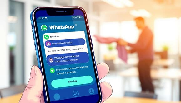 A vibrant, digital illustration of a smartphone displaying a WhatsApp interface focused on broadcasts. In the foreground, the phone's screen shows a neatly organized broadcast message featuring eye-catching, colorful icons representing hooks, a prominent call-to-action (CTA) button, and a clickable link. The middle layer includes a hand reaching toward the screen, emphasizing user interaction, with crisp, clean lines for clarity. The background is a blurred office environment, conveying a professional vibe, with soft lighting that creates a warm and inviting atmosphere. The image should evoke a sense of engagement and responsiveness, ideal for a modern communication context, captured from a slightly elevated angle to highlight the smartphone’s details. A vibrant, digital illustration of a smartphone displaying a WhatsApp interface focused on broadcasts. In the foreground, the phone's screen shows a neatly organized broadcast message featuring eye-catching, colorful icons representing hooks, a prominent call-to-action (CTA) button, and a clickable link. The middle layer includes a hand reaching toward the screen, emphasizing user interaction, with crisp, clean lines for clarity. The background is a blurred office environment, conveying a professional vibe, with soft lighting that creates a warm and inviting atmosphere. The image should evoke a sense of engagement and responsiveness, ideal for a modern communication context, captured from a slightly elevated angle to highlight the smartphone’s details.