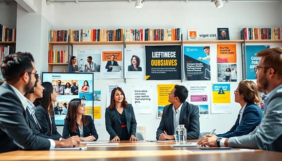 A vibrant digital workspace scene showcasing creative testing for advocacy ads. In the foreground, a diverse group of professionals, dressed in smart business attire, are engaged in a brainstorming session around a large screen displaying various formats of digital ads, including static images, video clips, and carousel slides. In the middle, we see colorful mock-ups of ad creatives pinned to a wall, highlighting innovative copy frameworks that grab attention. In the background, shelves filled with marketing books and inspirational posters create an energetic atmosphere. The lighting is bright and inviting, simulating natural daylight, enhancing the mood of collaboration and creativity. The perspective is slightly angled to create depth, focusing on the interaction among team members while emphasizing the dynamic nature of digital advocacy advertising. A vibrant digital workspace scene showcasing creative testing for advocacy ads. In the foreground, a diverse group of professionals, dressed in smart business attire, are engaged in a brainstorming session around a large screen displaying various formats of digital ads, including static images, video clips, and carousel slides. In the middle, we see colorful mock-ups of ad creatives pinned to a wall, highlighting innovative copy frameworks that grab attention. In the background, shelves filled with marketing books and inspirational posters create an energetic atmosphere. The lighting is bright and inviting, simulating natural daylight, enhancing the mood of collaboration and creativity. The perspective is slightly angled to create depth, focusing on the interaction among team members while emphasizing the dynamic nature of digital advocacy advertising.