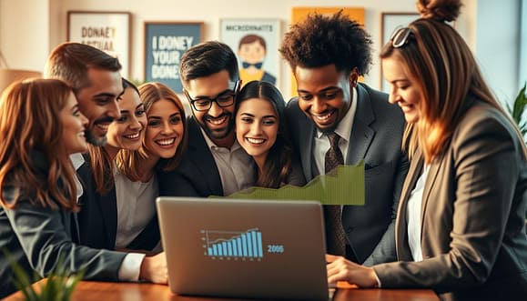 A vibrant, dynamic scene depicting the concept of online fundraising microdonations. In the foreground, a diverse group of individuals in professional business attire is gathered around a laptop, engaged in a discussion about donation strategies. Their expressions convey excitement and determination. In the middle ground, a digital display showcases fluctuating microdonation amounts alongside graphical data, emphasizing growth and engagement. The background features a cozy, modern workspace with warm lighting that creates an inviting atmosphere. Soft-focus elements like plants and motivational posters enhance the ambiance. Capture this scene using a slight overhead angle to emphasize collaboration, while ensuring a warm, optimistic mood permeates the image. A vibrant, dynamic scene depicting the concept of online fundraising microdonations. In the foreground, a diverse group of individuals in professional business attire is gathered around a laptop, engaged in a discussion about donation strategies. Their expressions convey excitement and determination. In the middle ground, a digital display showcases fluctuating microdonation amounts alongside graphical data, emphasizing growth and engagement. The background features a cozy, modern workspace with warm lighting that creates an inviting atmosphere. Soft-focus elements like plants and motivational posters enhance the ambiance. Capture this scene using a slight overhead angle to emphasize collaboration, while ensuring a warm, optimistic mood permeates the image.