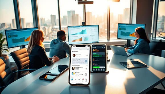 A vibrant workspace bustling with activity focused on online fundraising. In the foreground, a diverse group of five professionals in business attire engages in a brainstorming session, seated around a sleek, modern table. The middle scene showcases multiple screens displaying graphs and metrics, illustrating growth in microdonations. A smartphone with an SMS app, and an email interface, both open for strategic planning. In the background, a large window reveals a cityscape, drenched in warm, afternoon sunlight, creating a productive and inspiring atmosphere. The lighting is bright but soft, enhancing the collaborative mood while shadows from the furniture add depth. The composition captures the essence of teamwork driving online fundraising initiatives.