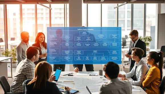 A visually compelling scene depicting "Safety by Design in Community Management." In the foreground, a diverse group of professionals dressed in smart business attire are engaged in a brainstorming session around a large table filled with digital devices, diagrams, and post-it notes. In the middle ground, a digital interface is displayed, showcasing various safety channels, crisis lines, and escalation trees, glowing softly with blue and green hues, representing calm and organization. The background features a modern office space with large windows, allowing natural light to flood the room, casting a warm and inviting glow. The overall atmosphere is collaborative and focused, emphasizing the importance of safety in community management, illustrating a proactive and caring environment. A visually compelling scene depicting "Safety by Design in Community Management." In the foreground, a diverse group of professionals dressed in smart business attire are engaged in a brainstorming session around a large table filled with digital devices, diagrams, and post-it notes. In the middle ground, a digital interface is displayed, showcasing various safety channels, crisis lines, and escalation trees, glowing softly with blue and green hues, representing calm and organization. The background features a modern office space with large windows, allowing natural light to flood the room, casting a warm and inviting glow. The overall atmosphere is collaborative and focused, emphasizing the importance of safety in community management, illustrating a proactive and caring environment.