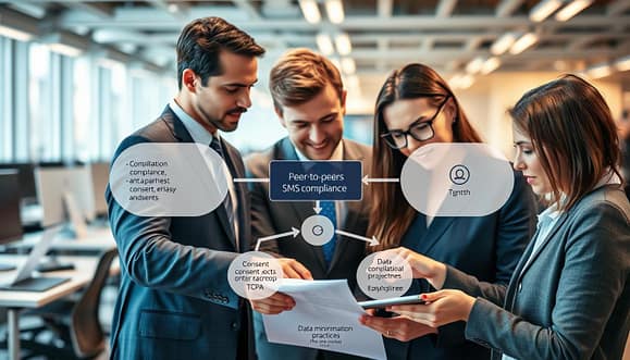A visually engaging and illustrative depiction of "peer to peer SMS compliance." In the foreground, a diverse group of professionals in business attire are collaborating over a digital device, with one pointing to a compliance document displaying key points like TCPA, consent records, and opt-out flows. In the middle, a stylized flowchart representing data minimization practices is elegantly overlaid, connecting the professionals with arrows and icons. The background showcases a modern office environment, with soft-focus details of desks and technology that suggest a high-tech atmosphere. The lighting is bright and professional, lending a sense of clarity and importance to the scene. The overall mood conveys diligence and teamwork, focused on compliance in mobile communication. A visually engaging and illustrative depiction of "peer to peer SMS compliance." In the foreground, a diverse group of professionals in business attire are collaborating over a digital device, with one pointing to a compliance document displaying key points like TCPA, consent records, and opt-out flows. In the middle, a stylized flowchart representing data minimization practices is elegantly overlaid, connecting the professionals with arrows and icons. The background showcases a modern office environment, with soft-focus details of desks and technology that suggest a high-tech atmosphere. The lighting is bright and professional, lending a sense of clarity and importance to the scene. The overall mood conveys diligence and teamwork, focused on compliance in mobile communication.
