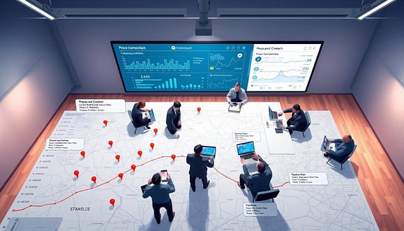 An escalation map illustration depicting a strategic communication plan, focusing on press and creator outreach. In the foreground, a detailed map with pins and lines indicating critical targets and timelines. The middle layer features professional individuals dressed in business attire, discussing strategies around a large conference table, with laptops and phones displaying real-time updates. In the background, a large screen shows analytics data and engagement metrics. The lighting is bright and focused, highlighting the importance of the task. An overhead angle captures the dynamic interaction and urgency in the room. The overall mood conveys a sense of intense preparation and teamwork, harnessing technology for effective outreach within a tight deadline. An escalation map illustration depicting a strategic communication plan, focusing on press and creator outreach. In the foreground, a detailed map with pins and lines indicating critical targets and timelines. The middle layer features professional individuals dressed in business attire, discussing strategies around a large conference table, with laptops and phones displaying real-time updates. In the background, a large screen shows analytics data and engagement metrics. The lighting is bright and focused, highlighting the importance of the task. An overhead angle captures the dynamic interaction and urgency in the room. The overall mood conveys a sense of intense preparation and teamwork, harnessing technology for effective outreach within a tight deadline.