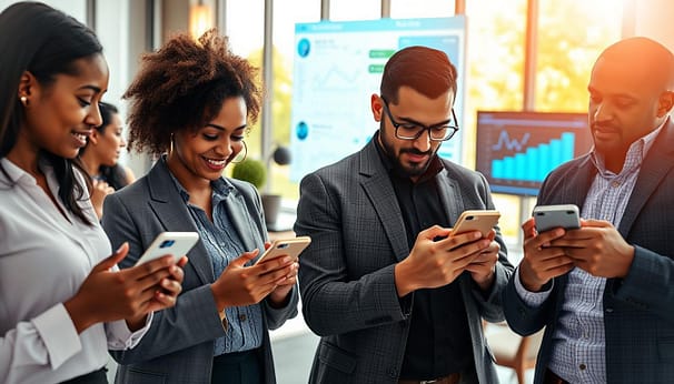 A vibrant scene depicting a mobile banking app case study in action. In the foreground, a diverse group of professionals, including a Black woman and a Middle-Eastern man, are intently engaged with their smartphones, showcasing the user interface of the app with visible charts and graphs. The middle ground features a sleek, modern office setup with large windows, allowing natural light to pour in, creating a warm atmosphere. In the background, a digital screen displays analytics and user feedback, emphasizing the app's impact. Utilize a soft focus effect around the edges to draw attention to the professionals, and capture the essence of innovation and collaboration in a dynamic, business-like environment, with a slightly elevated camera angle to enhance the subject. A vibrant scene depicting a mobile banking app case study in action. In the foreground, a diverse group of professionals, including a Black woman and a Middle-Eastern man, are intently engaged with their smartphones, showcasing the user interface of the app with visible charts and graphs. The middle ground features a sleek, modern office setup with large windows, allowing natural light to pour in, creating a warm atmosphere. In the background, a digital screen displays analytics and user feedback, emphasizing the app's impact. Utilize a soft focus effect around the edges to draw attention to the professionals, and capture the essence of innovation and collaboration in a dynamic, business-like environment, with a slightly elevated camera angle to enhance the subject.