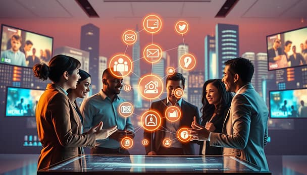 A vibrant digital storytelling framework visual, showcasing interconnected elements that symbolize online movements. In the foreground, a diverse group of professionals in business attire engages around a sleek digital interface, animatedly discussing ideas. The middle ground features dynamic, floating icons representing various storytelling techniques, like video, graphics, and social media symbols, illuminated with glowing lines that connect them. The background displays a stylized cityscape with digital screens showcasing stories, emphasizing a sense of community and collaboration. Soft, ambient lighting creates a warm and inspiring atmosphere, while a slight tilt angle captures the energy of the discussion. The overall mood conveys creativity, empowerment, and innovation within a digital landscape. A vibrant digital storytelling framework visual, showcasing interconnected elements that symbolize online movements. In the foreground, a diverse group of professionals in business attire engages around a sleek digital interface, animatedly discussing ideas. The middle ground features dynamic, floating icons representing various storytelling techniques, like video, graphics, and social media symbols, illuminated with glowing lines that connect them. The background displays a stylized cityscape with digital screens showcasing stories, emphasizing a sense of community and collaboration. Soft, ambient lighting creates a warm and inspiring atmosphere, while a slight tilt angle captures the energy of the discussion. The overall mood conveys creativity, empowerment, and innovation within a digital landscape.