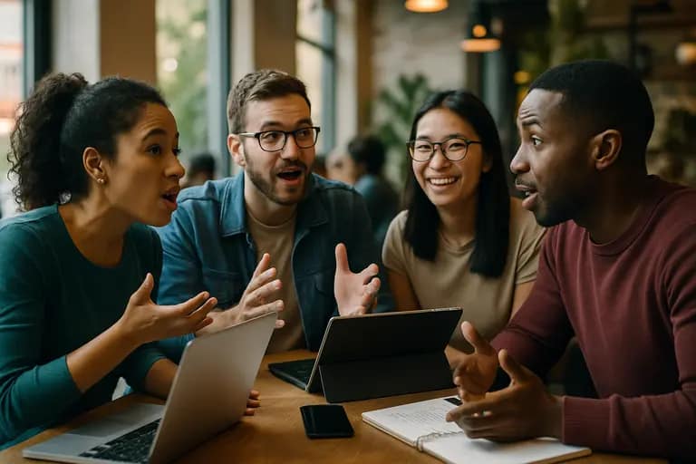 Campaign staff planning ethical outreach on laptops in a small meeting room