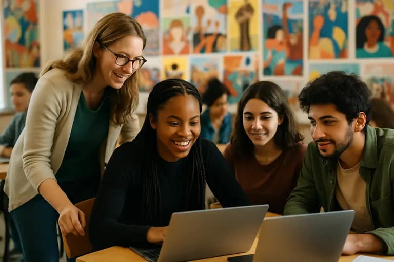 Local digital literacy class with adults receiving help on laptops