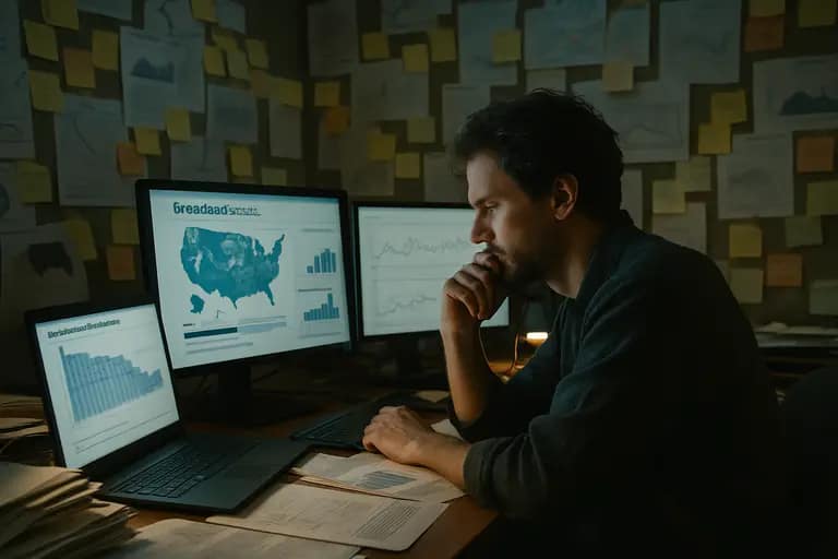State office desk with grant files and a broadband coverage map