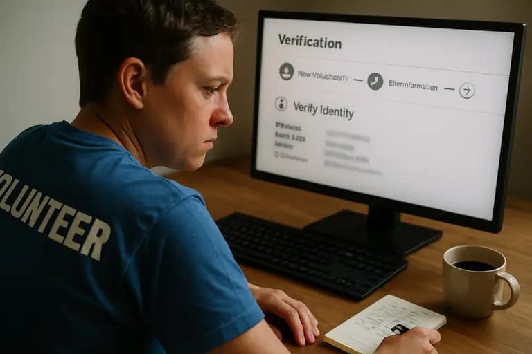 Volunteer coordinator reviewing notes with a phone and privacy checklist nearby