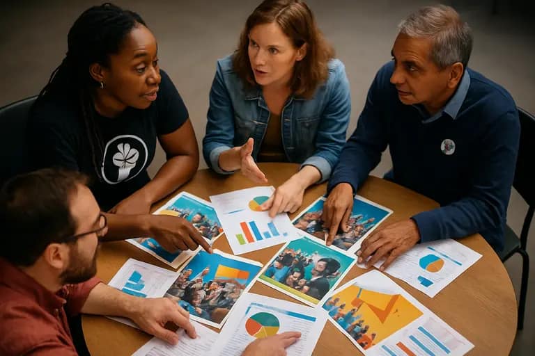 Advocacy partners comparing state notes around a conference table