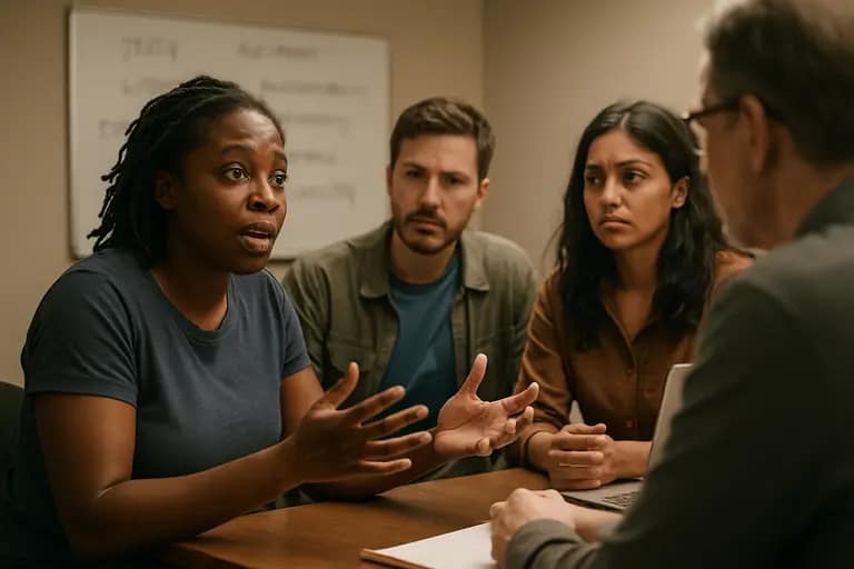 Campaign staff reviewing a volunteer script at a conference table