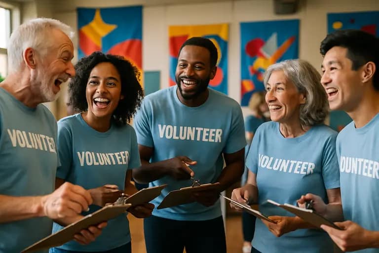 Community volunteers discussing outreach materials in a library room
