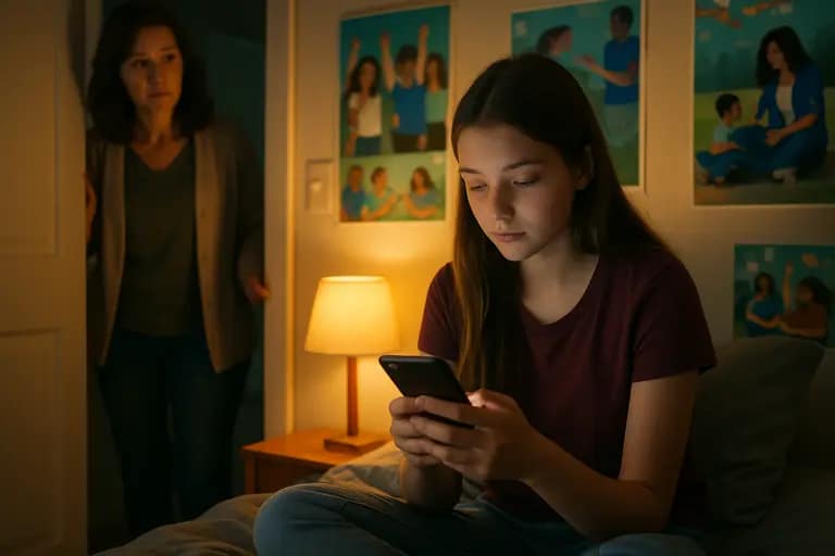 Parent and teen looking at phone settings together at home